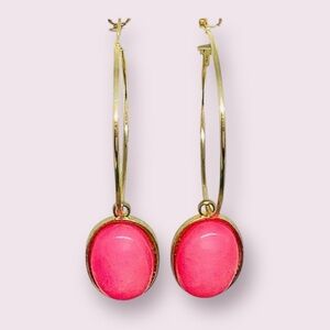 Gold-Tone Hoop Earrings with Hot Pink Oval Cabochon Drops